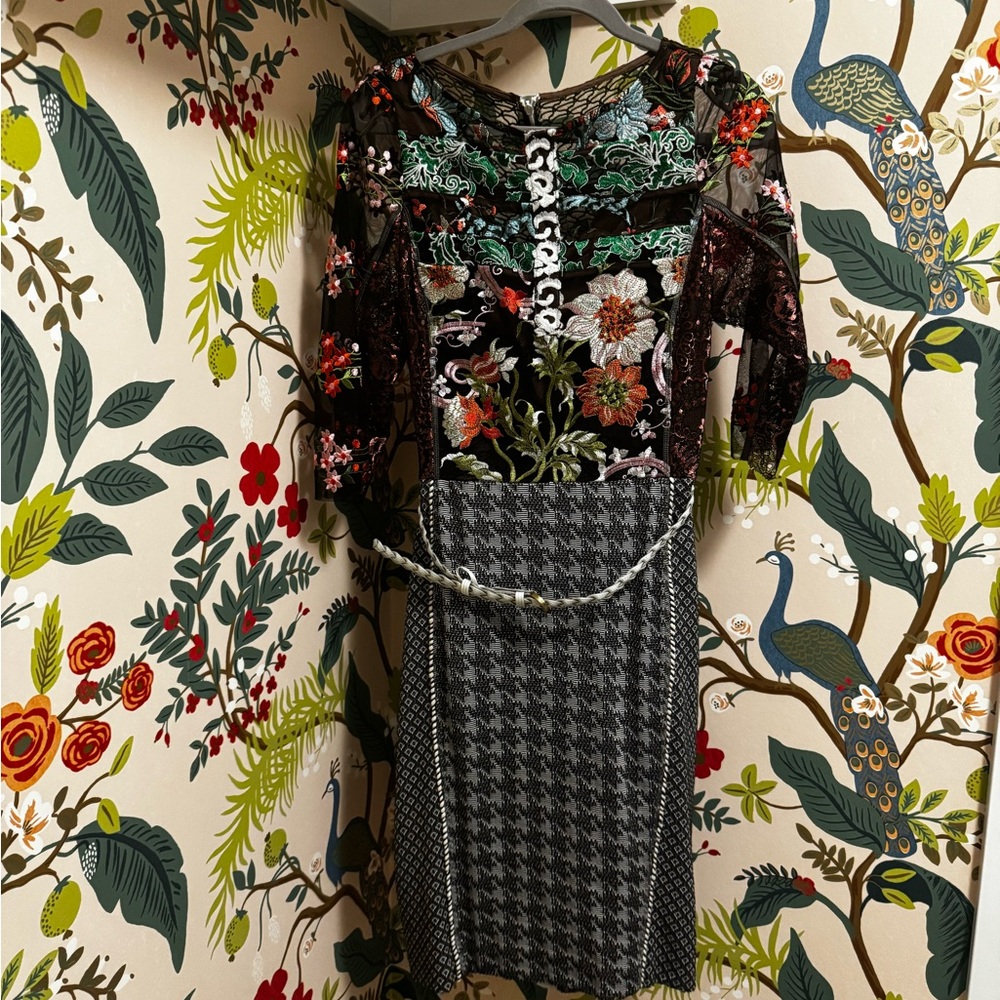 Byron Lars Multicolor Embroidered Floral Boat Neck Sheath with Houndstooth Skirt